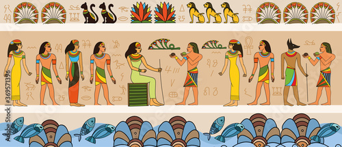 Ancient Egyptian scene with queen and servants or courtiers with border of symbols in a panorama banner, colored vector illustration