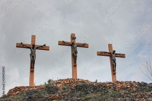 The replica of the crucifixion of Jesus in Golgota during the pilgrimage to the cave of Maria, Gunung Kidul, Yogyakarta