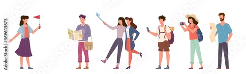 Tourists and tour guide. Travelling people group with camera, excursion with tour cicerone, seasonal vacation family and couples with smartphones vector cartoon flat concept