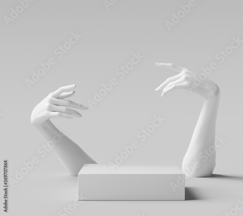 Elegant female hand gesture white sculpture, woman accessories art jewelry background, mannequin hands and product display podium, 3d rendering