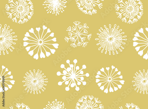 Hand drawn round dandelions pattern in doodle style. White dandelions on a beige background. Vector illustration for clothes, bed line, paper, card. Cute pastel print.