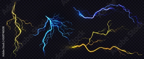 Lightnings, thunderbolt strikes during storm at night. Vector realistic set of blue and yellow electric impact, sparking discharge of thunderstorm isolated on dark transparent background