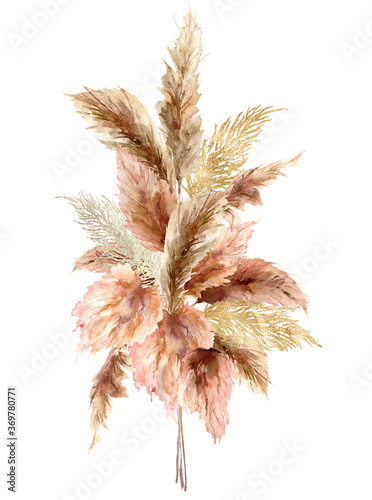 Watercolor tropical bouquet with dry pampas grass and gold textures. Hand painted exotic card isolated on white background. Floral illustration for design, print, fabric or background.