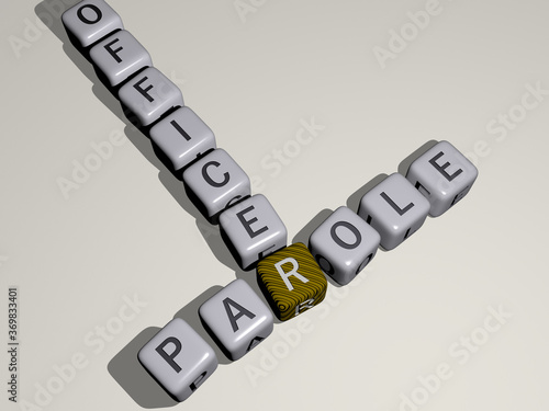 crosswords of parole officer arranged by cubic letters on a mirror floor, concept meaning and presentation. police and illustration