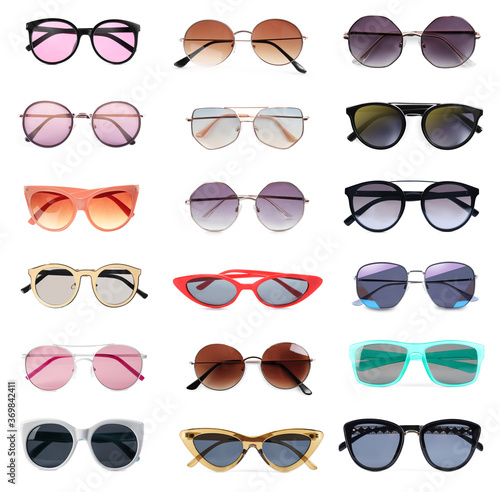 Collage with different stylish sunglasses on white background
