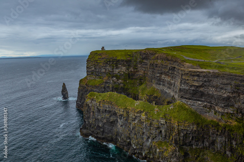 The Cliff of Moher, a landmark in west side of Ireland, on a cloudy day.