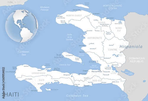 Blue-gray detailed map of Haiti administrative divisions and location on the globe. Vector illustration