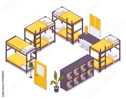 Hostel isometric set with bunk beds and lockers. 3d interior example in vibrant colors isolated on white