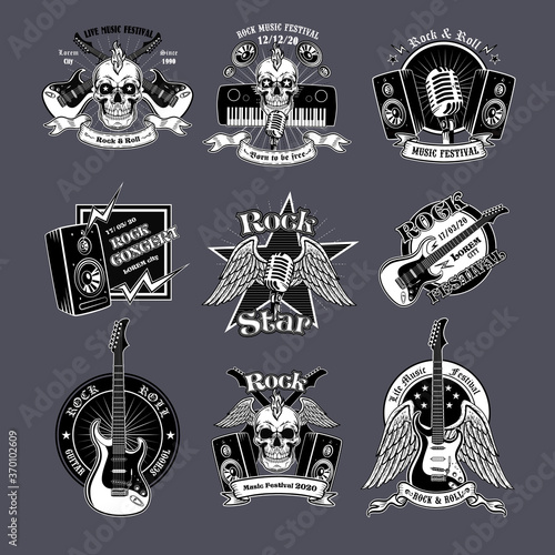 Rock music vintage logo set. Art badges with skulls, guitars, microphone, subwoofer speakers and text. Vector illustration collection for festival poster, metal and rock and roll band emblem templates