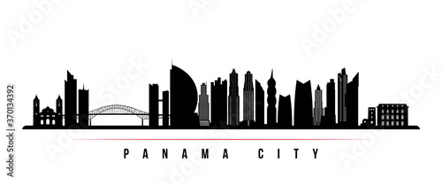 Panama City skyline horizontal banner. Black and white silhouette of Panama City, Panama. Vector template for your design.