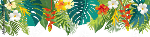Tropical leaves and flowers border. Summer floral decoration. Horizontal summertime banner. Bright jungle background. Bright colors. Caribean beach party backdrop