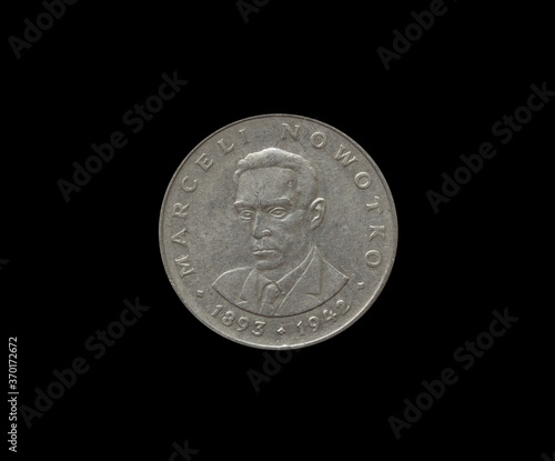 Reverse of 20 Zlots coin made by Poland in 1974, that shows Portrait of Polish communist activist Marceli Nowotko