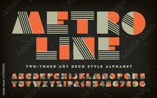 Metro Line; A Vector Alphabet in the Art Deco Style with Blocky Geometric Letters and Striped Components. Lettering in Sage Green and Orange Two-tone. This Font Has a 1930s Retro Theatrical Flair.