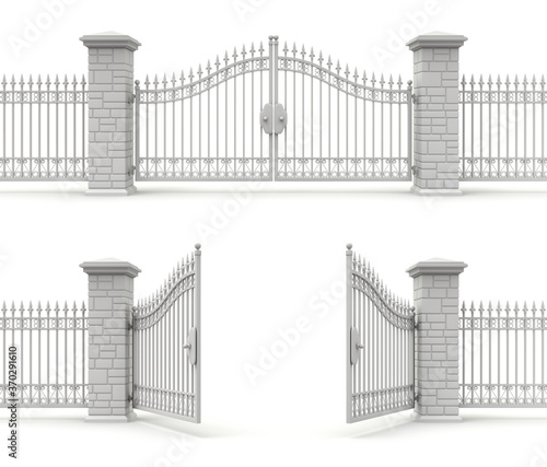 Clay render of open and closed iron gate - 3D illustration