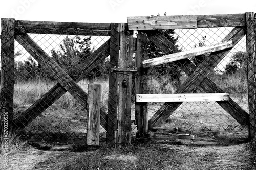 Stara brama wjazdowa do sadu z drzewami owocowymi - zdjęcie czarno-białe