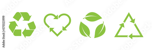 Recycle vector icon set. Arrows, heart and leaf recycle eco green symbol. Rounded angles. Recycled signs illustration isolated on white background.