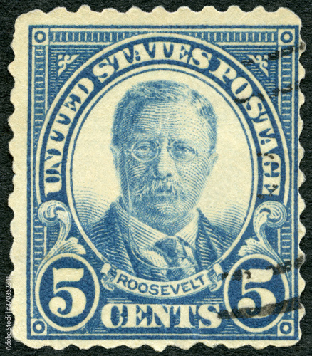 USA - 1922: shows Portrait of Theodore Roosevelt (1858-1919), 26th president of the United States, series Presidents of USA, 1922
