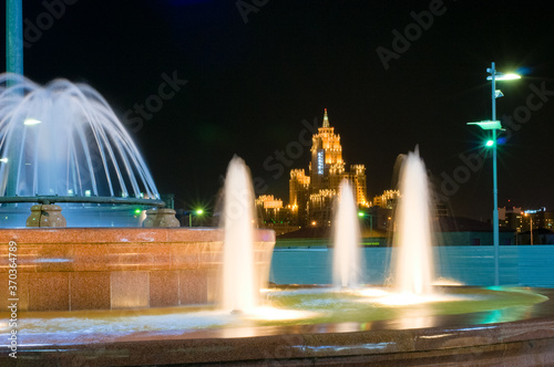 Nursultan city at night with fountains. Kazakhstan.