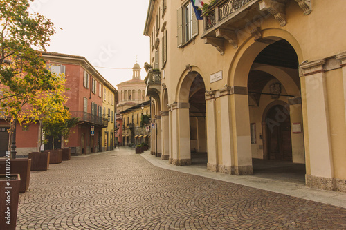 View of Manara's square with municipal palace and Sanctuary of Madonna delle Lacrime in Treviglio (Bergamo), Italy
