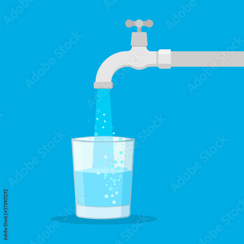 Water tap with glass. Filling cup beverage. Vector illustration.