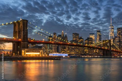 Brooklyn Bridge Blue Hour Sunset and Manhattan Skyline, New York City