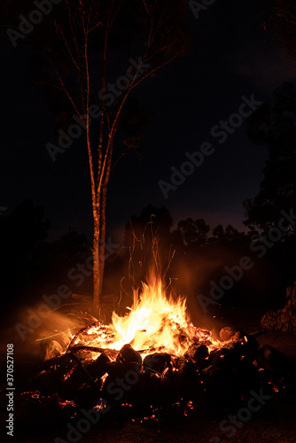 Camp fire burning at camp site at night