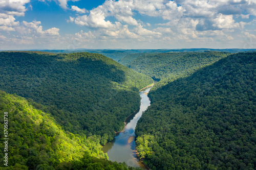 Cheat River makes its way through narrow wooded gorge towards Cheat Lake near Morgantown, WV