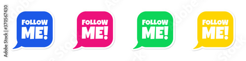 Follow me. Set of vector stickers in blue, pink, green and yellow colors. Speech bubble stickers