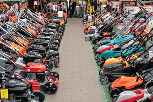 Russia, Volgograd - August 10, 2020. Many different mowers are on sale in the store