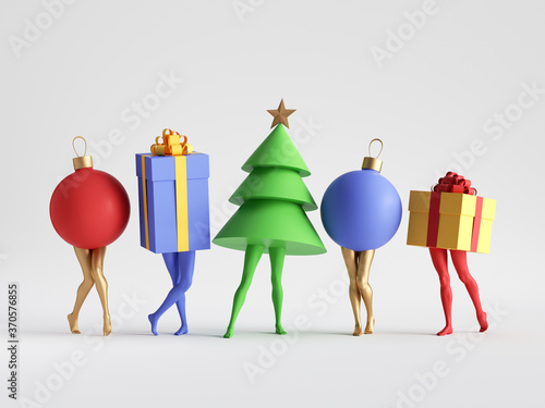 3d render. Abstract colorful Christmas clip art isolated on white background. Fir tree, gift box, ball. Funny cartoon characters toys, seasonal ornaments. Group of surreal objects with mannequin legs
