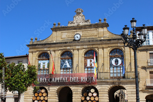 Haro Town Hall (La Rioja, Spain). The poster says that Haro is the capital of Rioja wine