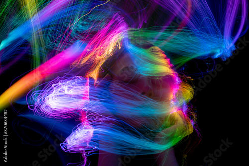 light painting portrait, new art direction, long exposure photo without photoshop, light drawing at long exposure