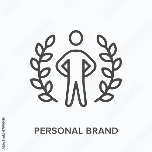 Personal brand flat line icon. Vector outline illustration of leadership, winner in laurel wreath. Hero, best employee thin linear pictogram