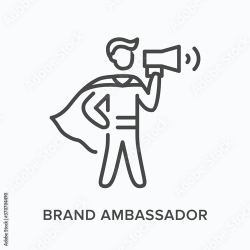 Brand ambassador flat line icon. Vector outline illustration of leadership, hero with megaphone. Influence thin linear pictogram