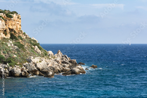 Rocky coast and turquoise Mediterranean Sea. Menorca island, Spain