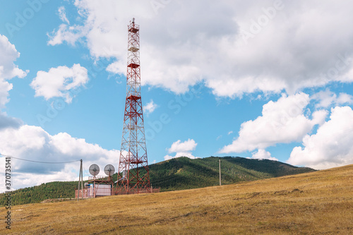 Telecommunications antenna for cellular mobile or TV communications. Located in a rural area in the mountains