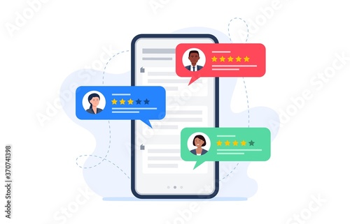 Feedback customers review on a phone screen. People evaluating product, service. Website rating feedback concept. Trendy vector flat illustration.