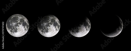 Moon phases on black baclground. Lunar phases of earth satelite. Half moon, quarter and full moon. 