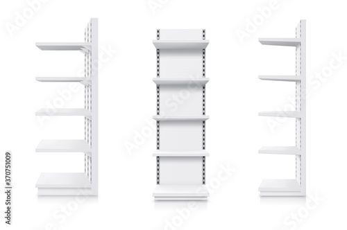 Shelves, supermarket and store showcase, shop product display, vector realistic 3D mockup. Supermarket shelf rack, white retail stand, warehouse shelving, slatwall or slotwall with adjustable shelves