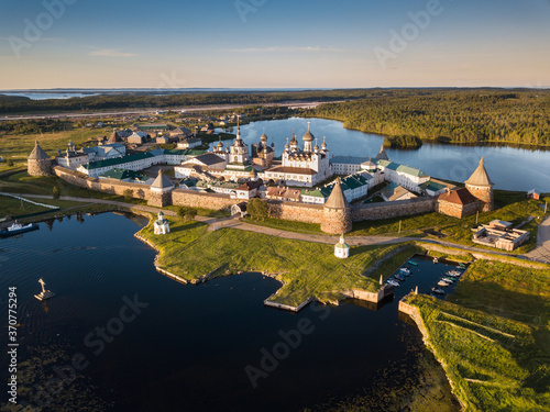 Panoramic landscape photo of the Solovetsky Monastery from a bird's-eye view. Russia, Arkhangelsk region, Solovetsky Islands