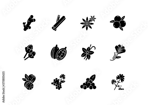 Indian spices black glyph icons set on white space. Aromatic flavoring. Cinnamon and star anise. Coriander and black pepper. Asian seasonings. Silhouette symbols. Vector isolated illustration