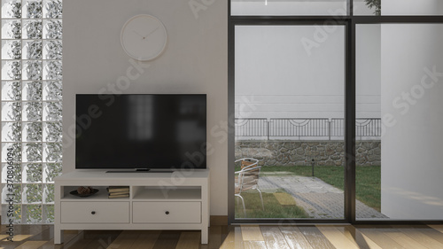Television Set by the Sliding Doors and Glass Bricks Inside a Sunlit Room 3D Rendering