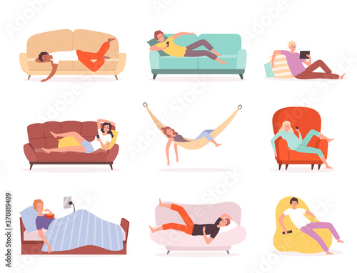 Laying people. Characters relaxing and watching tv on sofa lying lifestyle comfortable sleeping or sitting in armchair vector persons. Couch and sofa, character person lazy lifestyle illustration