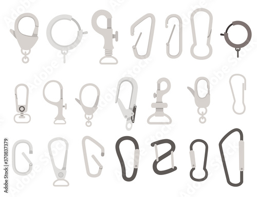 Big set of metal climbing carabiners and claw clasps alpine climbing equipment flat vector illustration isolated on white background