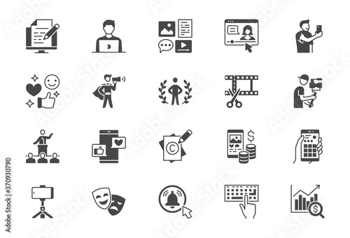 Blogger flat glyph icons. Vector illustration included icon as blog monetization, video editing, personal brand, copywriting, videographer black silhouette pictogram of social media content