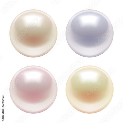 3d realistic vector illustration. Set of sea pearls different color, isolated on white background.