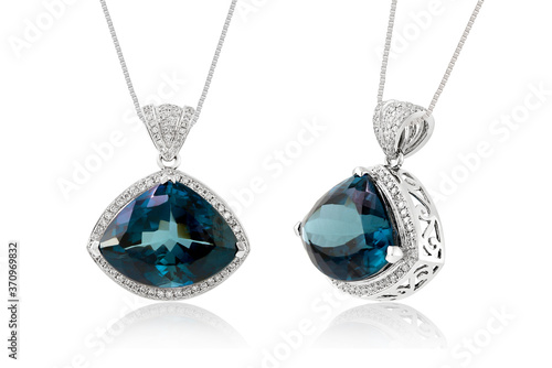 Cushion square shaped London Blue Topaz and Diamonds halo white gold setting pendant isolated