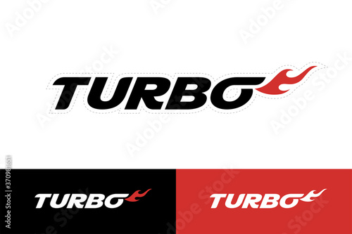 Turbo sticker badge decal. Turbocharger text with flame logo icon design. Auto performance boost sign. Motor vehicle forced induction emblem. Vector illustration.