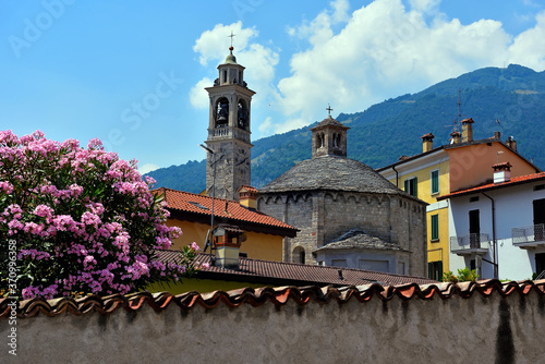 Bell tower of the collegiate church on the right, the baptistery of Santo Stefano in lenno tremezzina italy