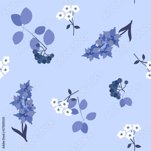 Beautiful floral background with blooming flowers of light blue and leaves on pastel sky blue background. Vector seamless pattern.